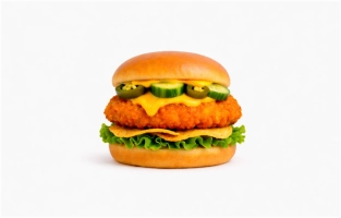 Malse kipburger (125 gr.) van 100% kipfilet op een luxe broodje met cheddar, sla, komkommer, Jalapeño pepers, nacho's en een zoet-pittige kerriemayonaise.