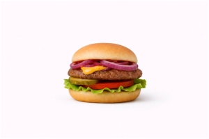 Rundvlees burger (100 gr.) op een zacht bolletje met spicy mayo, sla, tomaat, augurk en gebakken ui