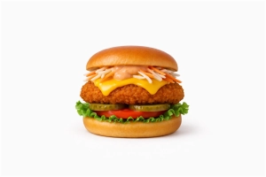 Malse chicken burger (125 gr.) van 100% kipfilet op een luxe broodje met cheddar, sla, coleslaw, tomaat, augurk en westersaus